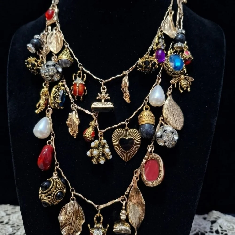 Zara Inspired Bohemian Multi-Charm Gold Necklace with Red & Black Accents - Picture 2 of 2
